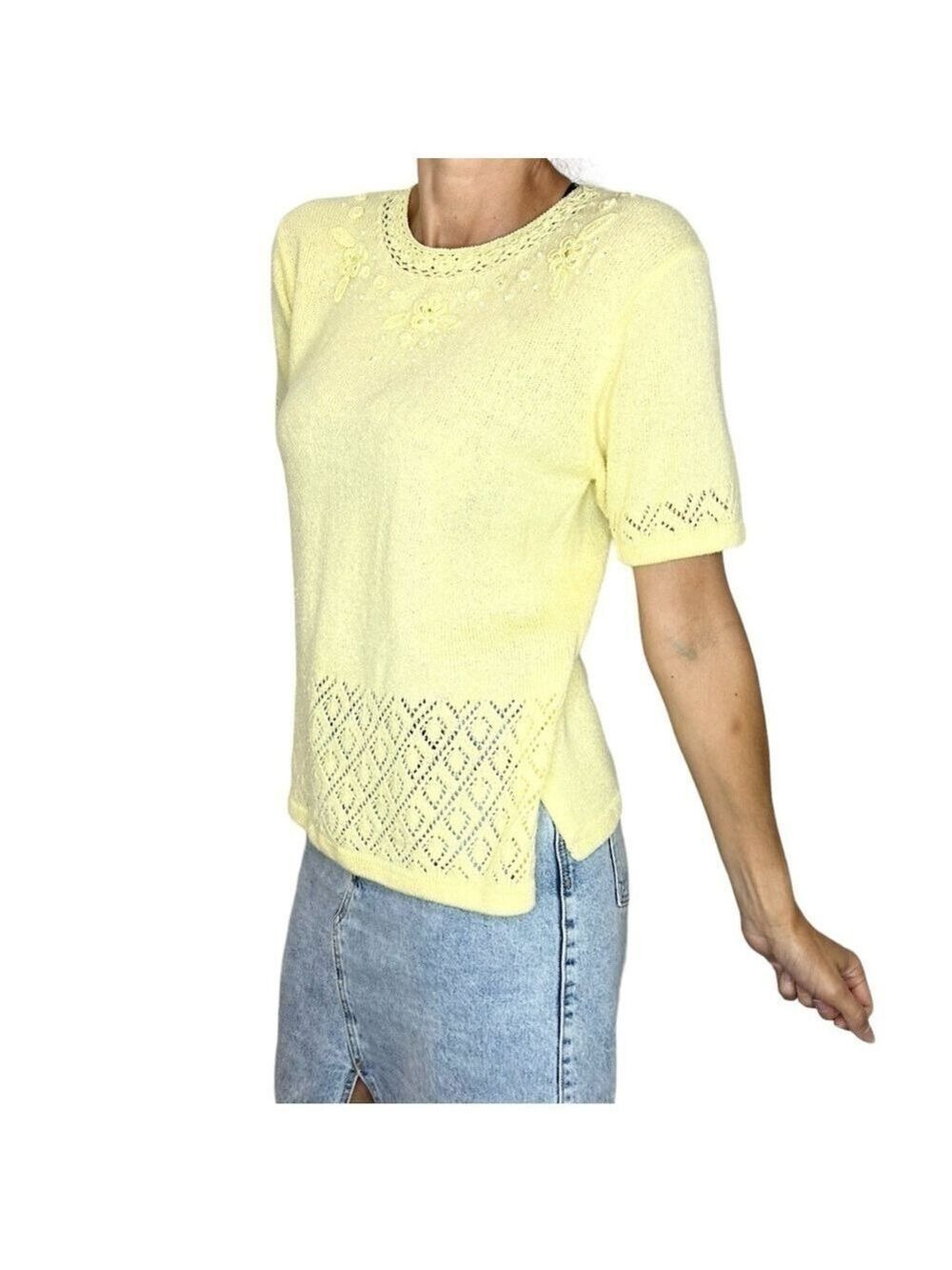 Vintage Goldie yellow knit beaded embroidered crochet short sleeve sweater M